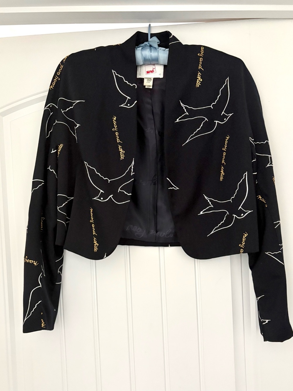 Mondi Black Cropped Blazer White Bird Dove embroidered design made in W Germany